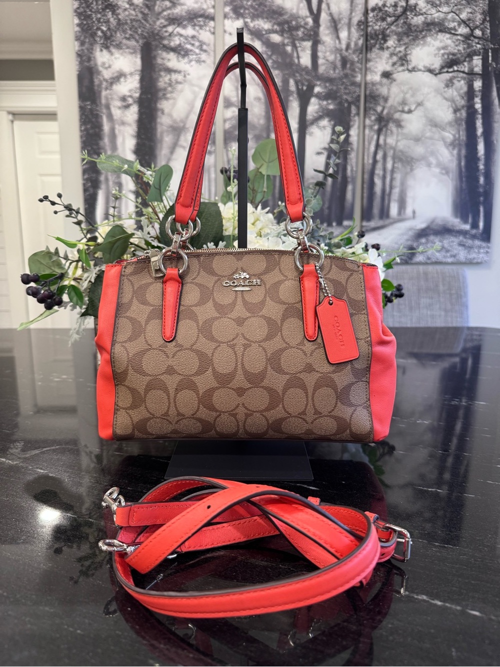 🤎COACH Mini Christie Carryall Signature Coated Canvas Khaki Coral Orange - Picture 2 of 16